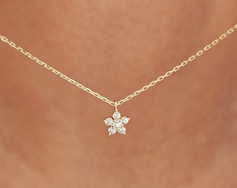 Gold Flower Necklace, 14K Gold CZ Flower Charm, Minimalist Flower Pendant, Dainty Flower Necklace, Christmas Gift, Tiny Flower Pendant