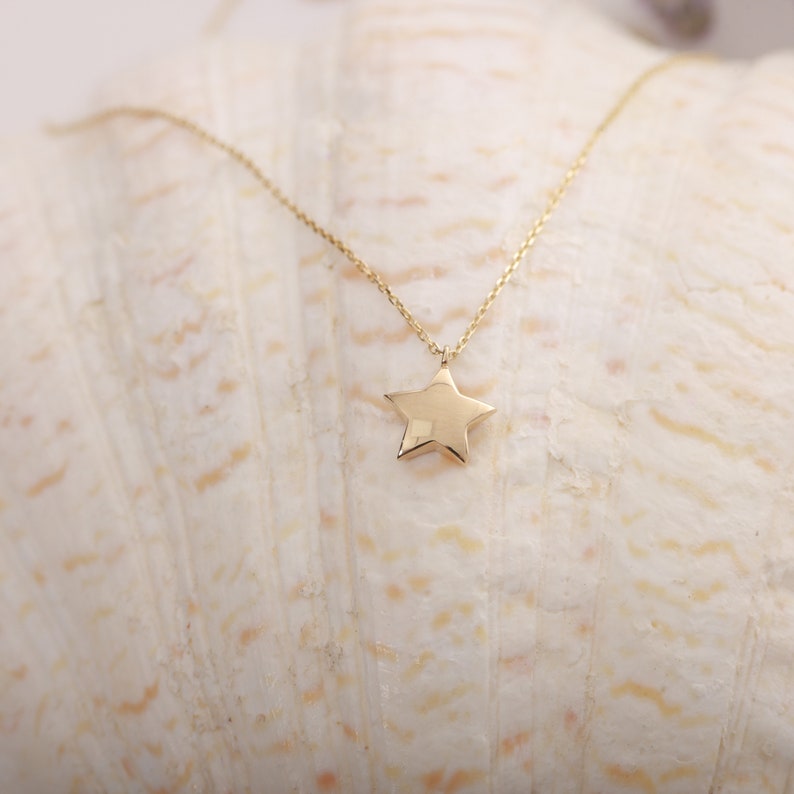 May include: A gold star pendant necklace on a white seashell background.