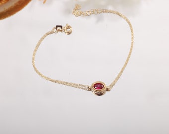 14K Gold Ruby Bracelet, Ruby Gemstone Oval Cut Bracelet, July Birthstone, Birthstone Bracelet, 14K Solid Gold Bracelet, Dainty Jewelry
