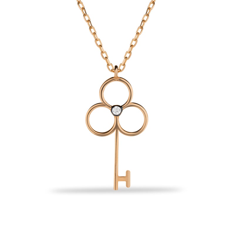 14K dainty gold key necklace with a fine chain. There is a little zircon in the middle of the handle of the key. It is available in three different color options.