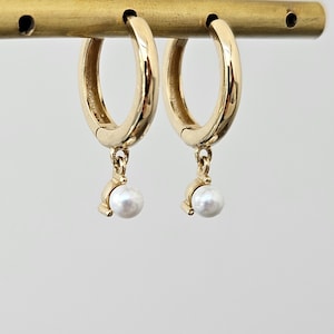 Gold Pearl Drop Earrings, 14K Solid Gold Pearl Earrings, Pearl Jewelry, Dangle Hoop Earrings, Valentines Day Gifts