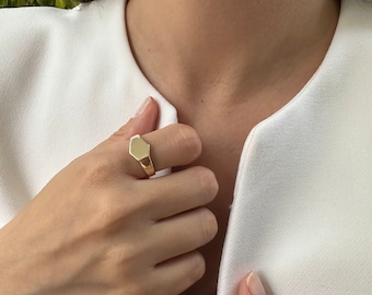 Signet Ring, 14K Solid Gold Hexagon Signet Ring, Signet Ring, Anniversary Gift, Personalized Rings, Handmade Jewelry, Initial Letter Ring