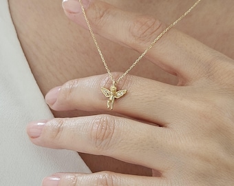 Collar de ángel de oro macizo de 14 quilates, amuleto de la suerte, colgante de ángel de la guarda, regalo de Navidad para ella, regalo de cumpleaños para mamá, collar de ángel de oro