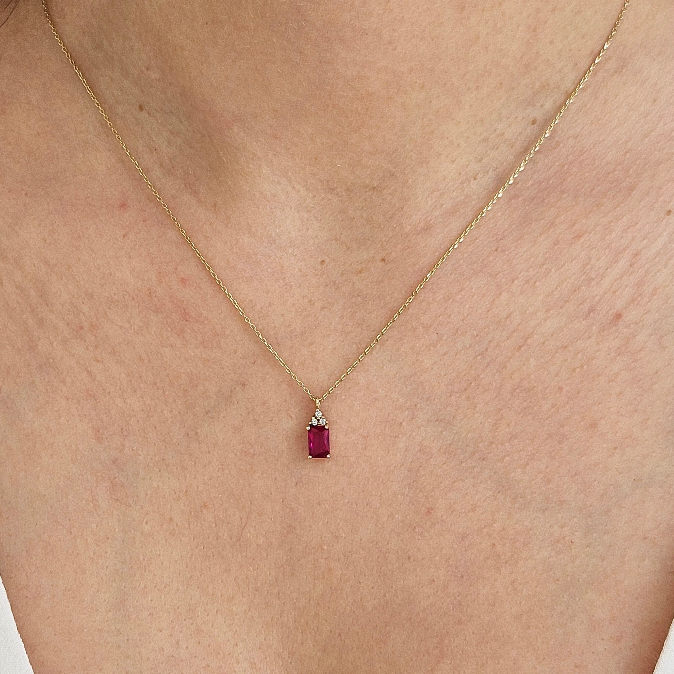 14K Solid Gold Baguette Cut Ruby Necklace, Dainty July Birthstone Pendant, Mothers Day Gift, Delicate Gemstone Necklace, Ruby Necklace