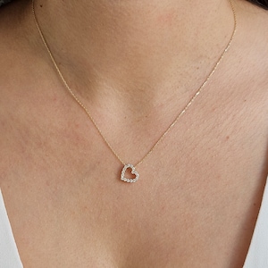 14K Gold Heart Necklace, Solid Gold CZ Heart Pendant Necklace, Valetine&#39;s Day Gift, Anniversary Gift, Minimalist Christmas Gift