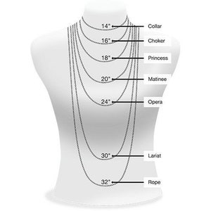 May include: Diagram showing different necklace lengths, from 14 inches to 32 inches, with corresponding names: Collar, Choker, Princess, Matinee, Opera, Lariat, and Rope.