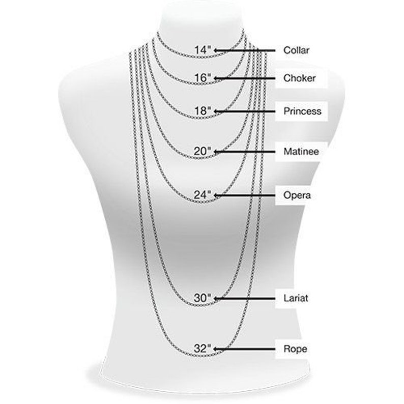 May include: Diagram showing different necklace lengths, from 14 inches to 32 inches, with corresponding names: Collar, Choker, Princess, Matinee, Opera, Lariat, and Rope.