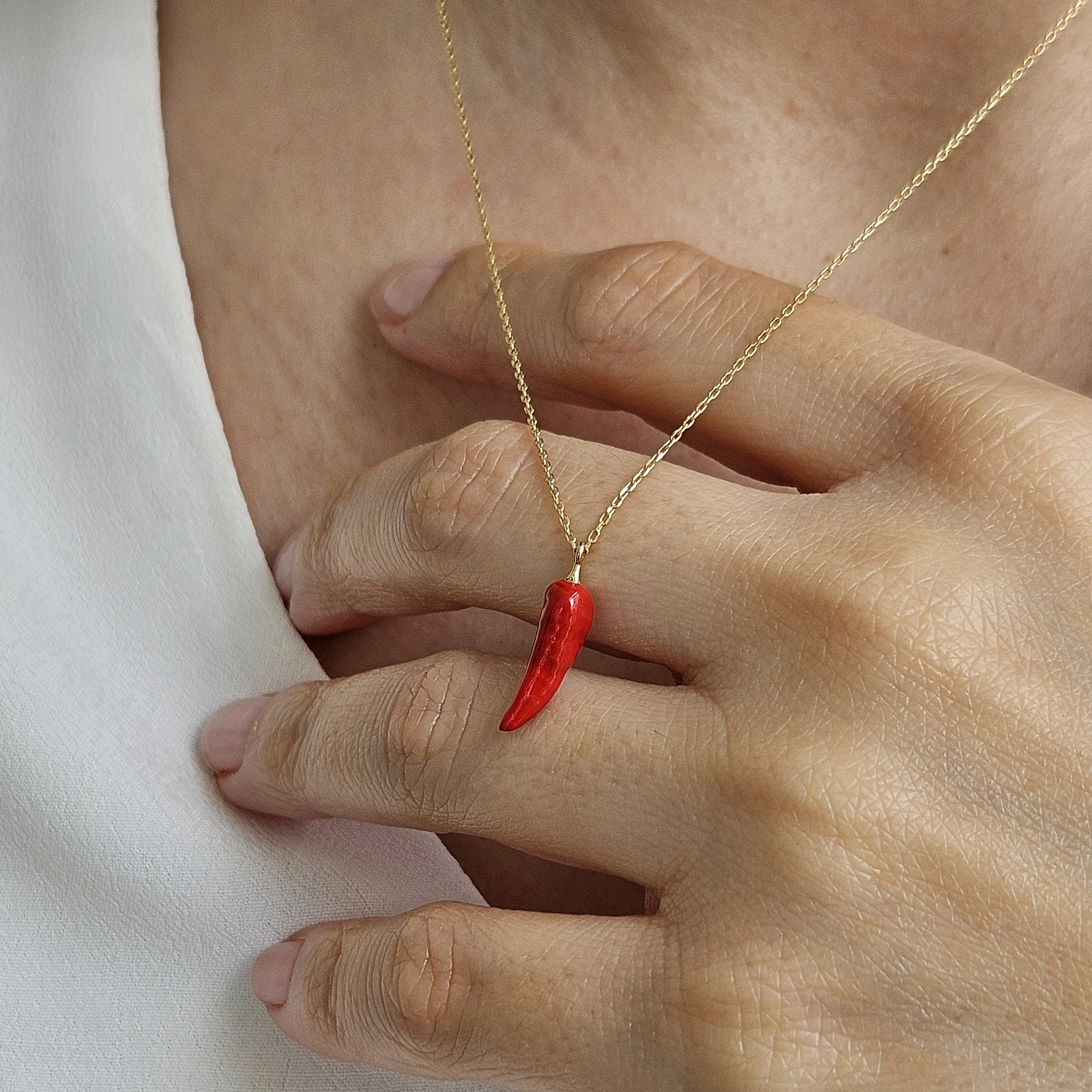 14K Gold Red Pepper Necklace, 3D Chilli Red Pepper Pendant