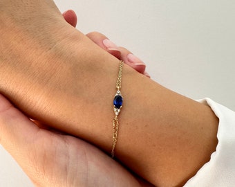 14K Gold Sapphire Bracelet, September Birthstone, Oval Cut Sapphire Bracelet, Handmade Jewelry, Birthstone Bracelet, 14k Gold Bracelet