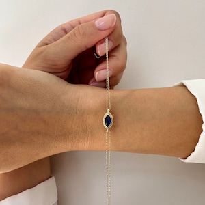 Gold Sapphire Bracelet, September Birthstone, 14k Gold Bracelet, Marquise Blue Sapphire Bracelet, Handmade Jewelry, Birthstone Bracelet
