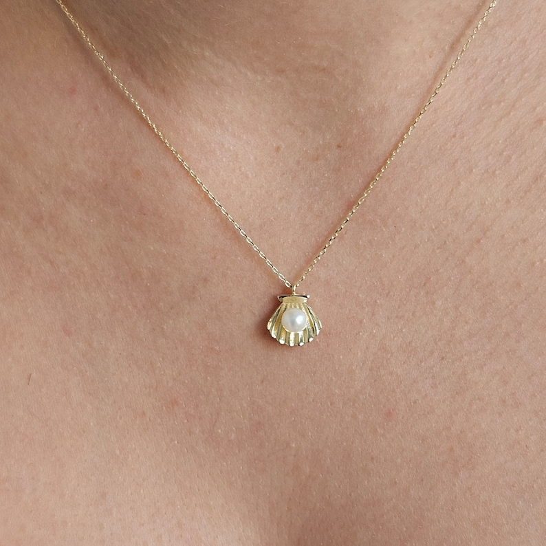 Pearl Necklace, 14K Gold Pearl Shell Necklace, Wedding Necklace, Bridal Necklace, June Birthstone Necklace, Handmade Jewelry, Gift For Mom image 2