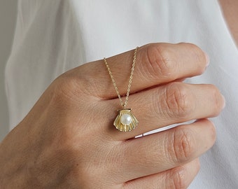 Pearl Necklace, 14K Gold Pearl Shell Necklace, Wedding Necklace, Bridal Necklace, June Birthstone Necklace, Handmade Jewelry, Gift For Mom