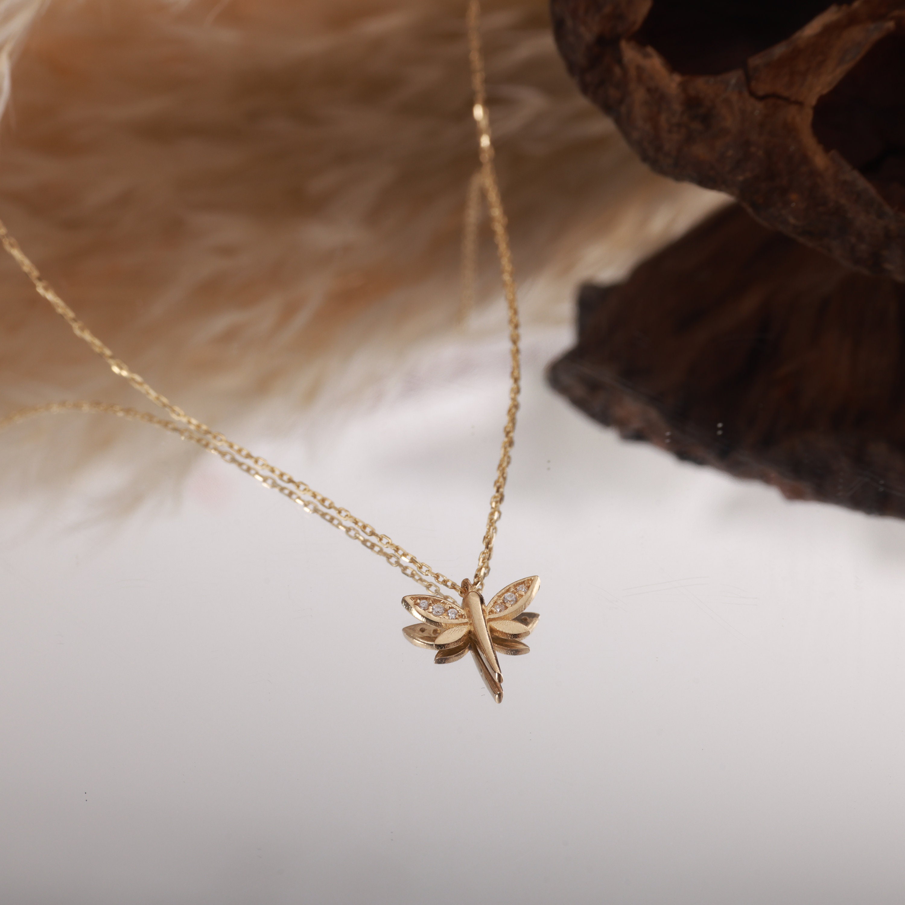 14K Gold Dragonfly Necklace, Dragonfly Jewelry, Handmade