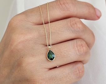 14K Gold Emerald Necklace, May Birthstone, Pear Cut Green Gemstone Necklace, Minimalist Teardrop Emerald Charm, Birthstone Necklace