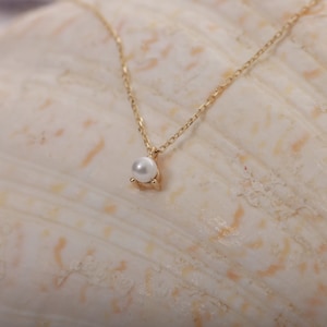 14K Solid Gold Minimalist Pearl Necklace, Tiny Pearl Charm Necklace, Dainty Bridal Jewelry, Wedding Gift For Her, Best Mother's Day Gift