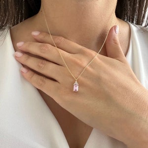 14K Gold Morganite Necklace, Baguette Cut Morganite Necklace, Dainty Pink Tourmaline Gemstone, Bridesmaid Gifts, Birthstone Necklace