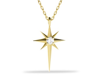 North Star Necklace, 14K Solid Gold North Star Charm, Dainty Gold Necklace, Christmas Gift For Her