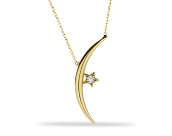 14K Gold Moon Star Necklace, Crescent Moon, Dainty Moon Necklace, Handmade Jewelry, 14K Real Gold Necklace, Moon Star, Celestial Jewelry