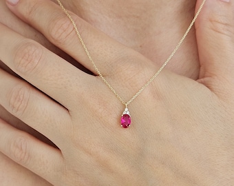 Collana con rubino in oro 14 carati, collana con pietra portafortuna, ciondolo con rubino taglio ovale, pietra portafortuna di luglio, gioielli con pietra portafortuna, regalo di Natale, regalo di anniversario