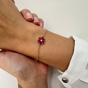 14K Gold Ruby Bracelet, Ruby Raindrop Cut Flower Bracelet, July Birthstone, Birthstone Bracelet, Dainty Jewelry, 14K Solid Gold Bracelet