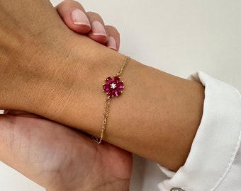 14K Gold Ruby Bracelet, Ruby Raindrop Cut Flower Bracelet, July Birthstone, Birthstone Bracelet, Dainty Jewelry, 14K Solid Gold Bracelet