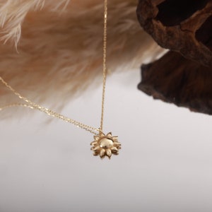14K Gold Sun Necklace, Gold Sunburst Pendant, Sunshine Necklace, Solar Necklace, Handmade Jewelry, Solid Gold Necklace, Dainty Necklace