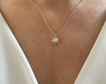 Gold Sun Necklace, 14K Gold Sunburst Pendant, Dainty Gold Sunshine Necklace, Handmade Jewelry, Summer and Beach Jewelry, Solar Necklace