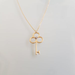 14K dainty gold key necklace with a fine chain. There is a little zircon in the middle of the handle of the key. It is available in three different color options.