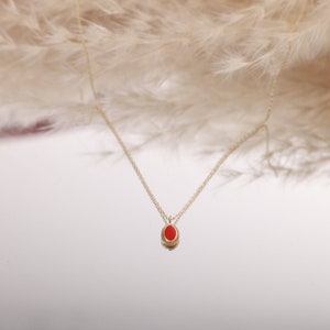 14K Gold Oval Coral Enamel Necklace, Red Enamel Gold Pendant, Vintage Jewelry, Minimalist Jewelry, Dainty Gold Necklace, Tiny Gold Jewelry