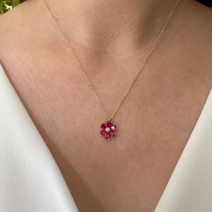 14K Solid Gold Ruby Necklace, Minimalist Flower Charm Necklace, Ruby Gemstone Pendant, July Birthstone Necklace For Mom, Christmas Gift