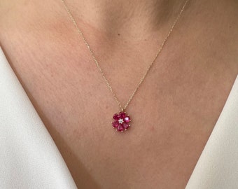 14K Gold Ruby Necklace, Minimalist Flower Necklace, Ruby Gemstone Charm, Birthstone Necklace, July Birthstone, Grandma Gift, Christmas Gift