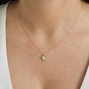 Sun Necklace, Gold Sunburst Pendant, Dainty Gold Sun Necklace, 14K Solid Gold Charm Necklace, Handmade Jewelry, Mother&#39;s Day Gift