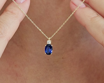 14K Gold Sapphire Necklace, September Birthstone, Oval Cut Blue Gemstone Necklace, Minimalist Sapphire Charm Necklace, Birthstone Necklace