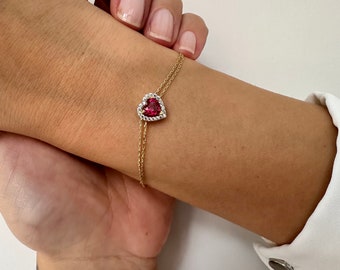 14K Gold Ruby Bracelet, Heart Cut Ruby Bracelet, July Birthstone, Birthstone Bracelet, 14K Solid Gold Ruby Bracelet, Dainty Jewelry