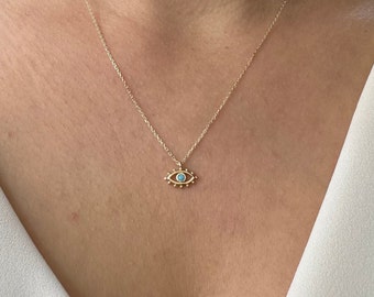 14K Gold Turquoise Beaded Evil Eye Necklace, Dainty Necklace, Evil Eye Pendant,  Turquoise Evil Eye, Evil Eye Charm, Solid Gold Necklace