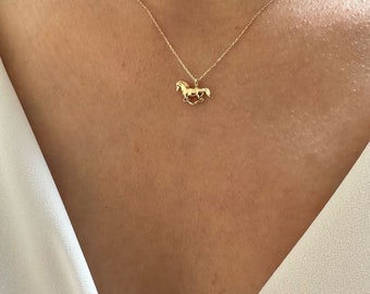 14K Gold Horse Necklace, Solid Gold Running Horse Pendant, Graduation Gifts, Good Luck Necklace, Birthday Gift For Jockeys