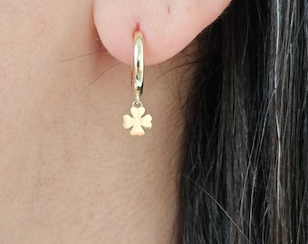 Aros de trébol de cuatro hojas, aros de trébol de oro macizo de 14 quilates, aros colgantes de oro macizo, regalos de Navidad para ella, joyas de la suerte
