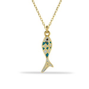 Gold Fish Necklace, Pieces Necklace, 14K Solid Gold Good Luck Charm, Blue and White Enamel Fish Pendant, Handmade Jewelry, Christmas Gift