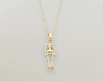 14K Gold Halloween Necklace, Skeleton Necklace, Halloween Gift, Halloween Jewelry, 14K Solid Gold Necklace, Skull Necklace, Handmade Jewelry