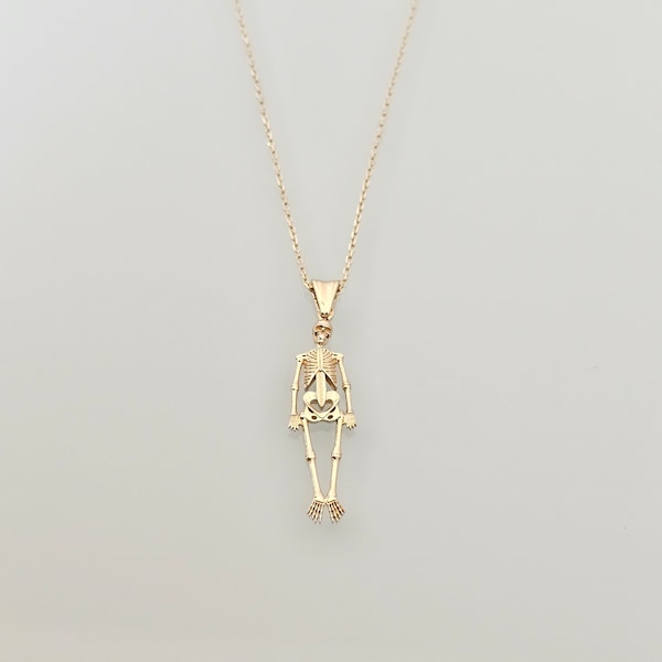 14K Gold Halloween Necklace, Skeleton Necklace, Halloween Gift, Halloween Jewelry, 14K Solid Gold Necklace, Skull Necklace, Handmade Jewelry