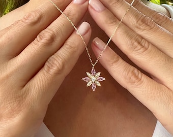 14K Gold Morganite Necklace, Pink Tourmaline Flower Necklace, Dainty Morganite Gemstone, Bridesmaid Gifts, Grandma Gift, Birthstone Necklace