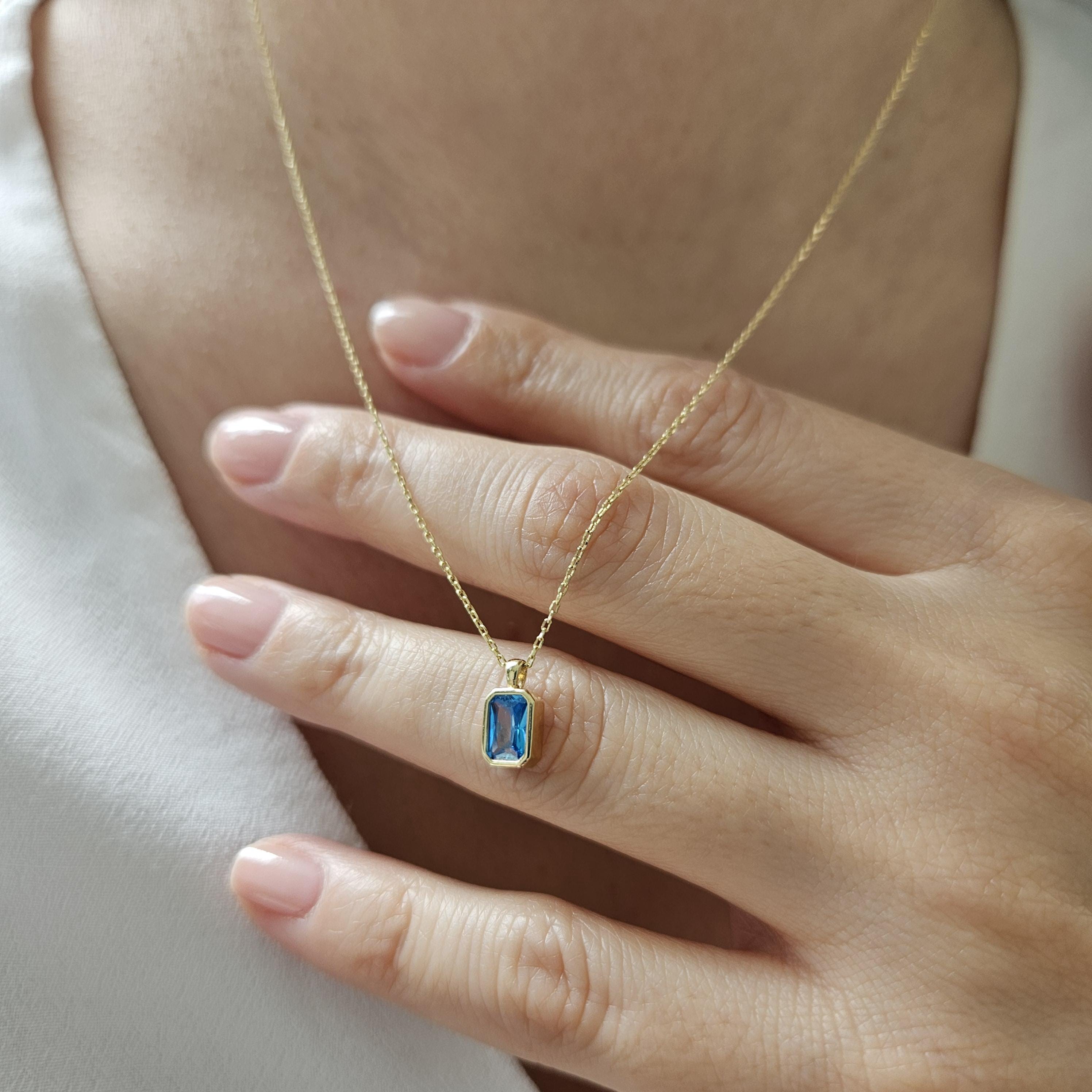 14K Solid Gold Aquamarine Charm, Baguette Cut Aquamarine Necklace, Dainty Light Blue March Birthstone Pendant, Handmade Jewelry For Her