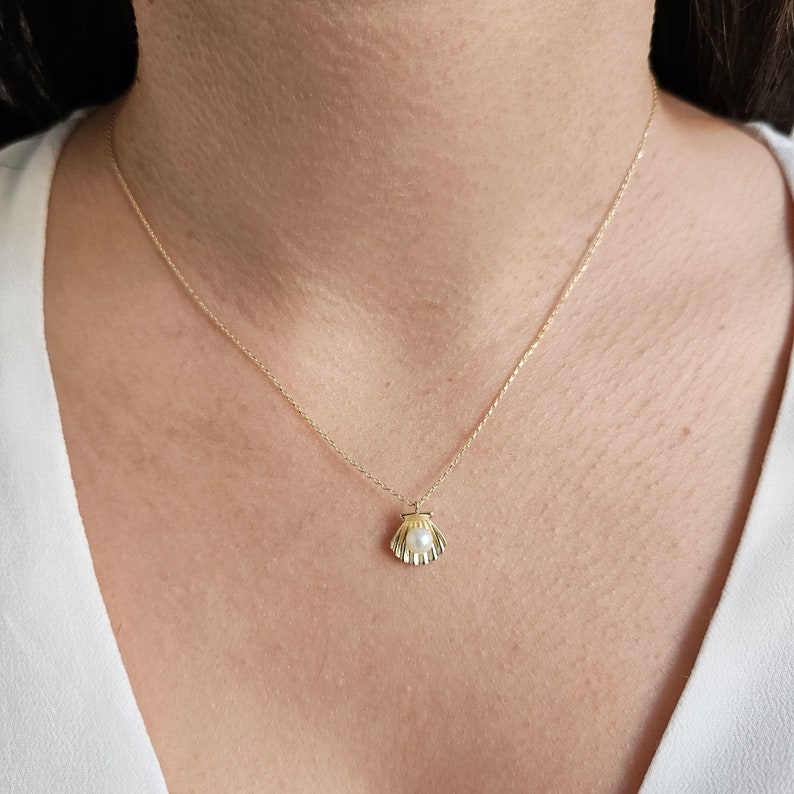 Pearl Necklace, 14K Gold Pearl Shell Necklace, Wedding Necklace, Bridal Necklace, June Birthstone Necklace, Handmade Jewelry, Gift For Mom image 7