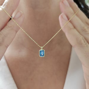 14K Solid Gold Blue Topaz Charm, Baguette Cut Blue Topaz Necklace, December Birthstone, Dainty Light Blue Gemstone Pendant, Christmas Gift
