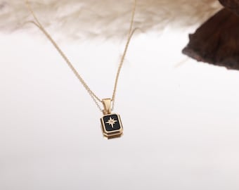 14K Gold Black Enamel North Star Necklace, Solid Gold Celestial Necklace, Astrology Necklace, Fine Jewelry, Christmas Gift, Dainty Necklace