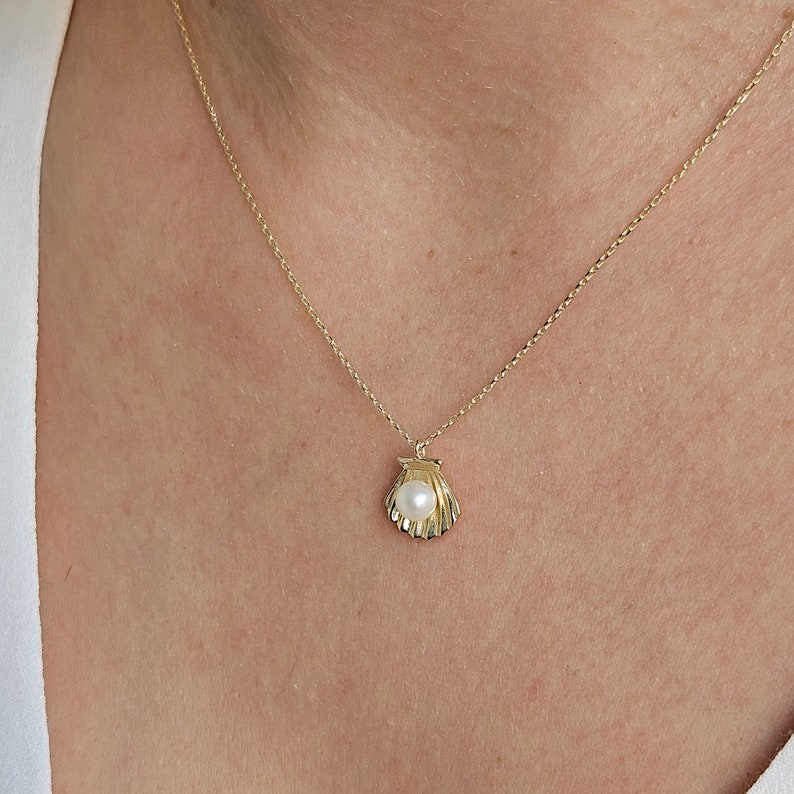 Pearl Necklace, 14K Gold Pearl Shell Necklace, Wedding Necklace, Bridal Necklace, June Birthstone Necklace, Handmade Jewelry, Gift For Mom image 4