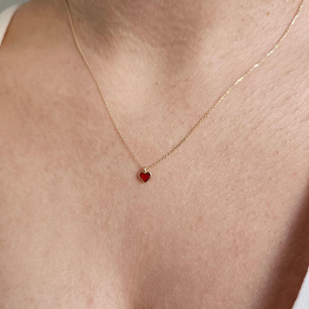 Red Enamel Heart Necklace, Minimalist Necklace, 14K Solid