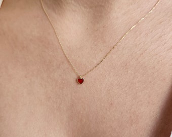 Red Enamel Heart Necklace, Minimalist Necklace, 14K Solid Gold Necklace, Tiny Heart Pendant, Valentine's Day Gift For Her, Christmas Gift