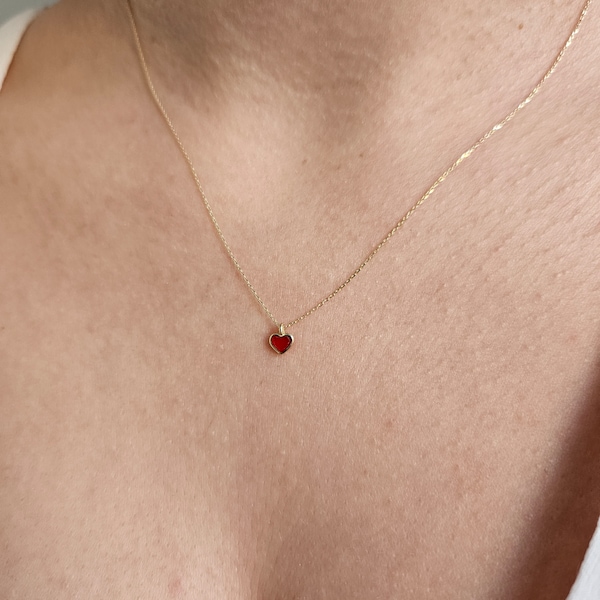 Red Enamel Heart Necklace, Minimalist Necklace, 14K Solid Gold Necklace, Tiny Heart Pendant, Valentine's Day Gift For Her, Christmas Gift