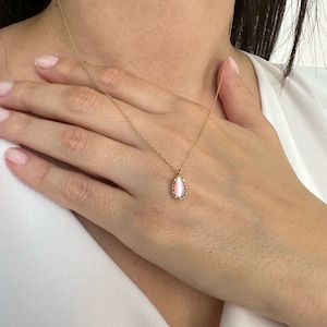 14K Gold Pink Opal Necklace, Teardrop Pink Opal October Birthstone Pendant Necklace, Gift For Mom, Christmas Gift, Minimalist Birthday Gift